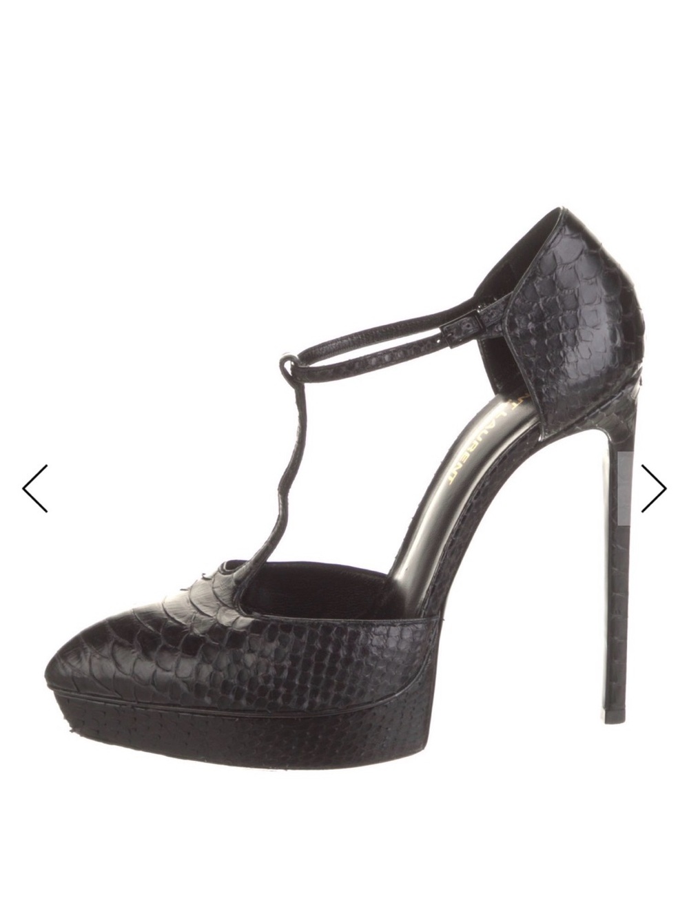 Saint Laurent Black Croc-Textured T-Strap Pointed Heels - Picture 2 of 3